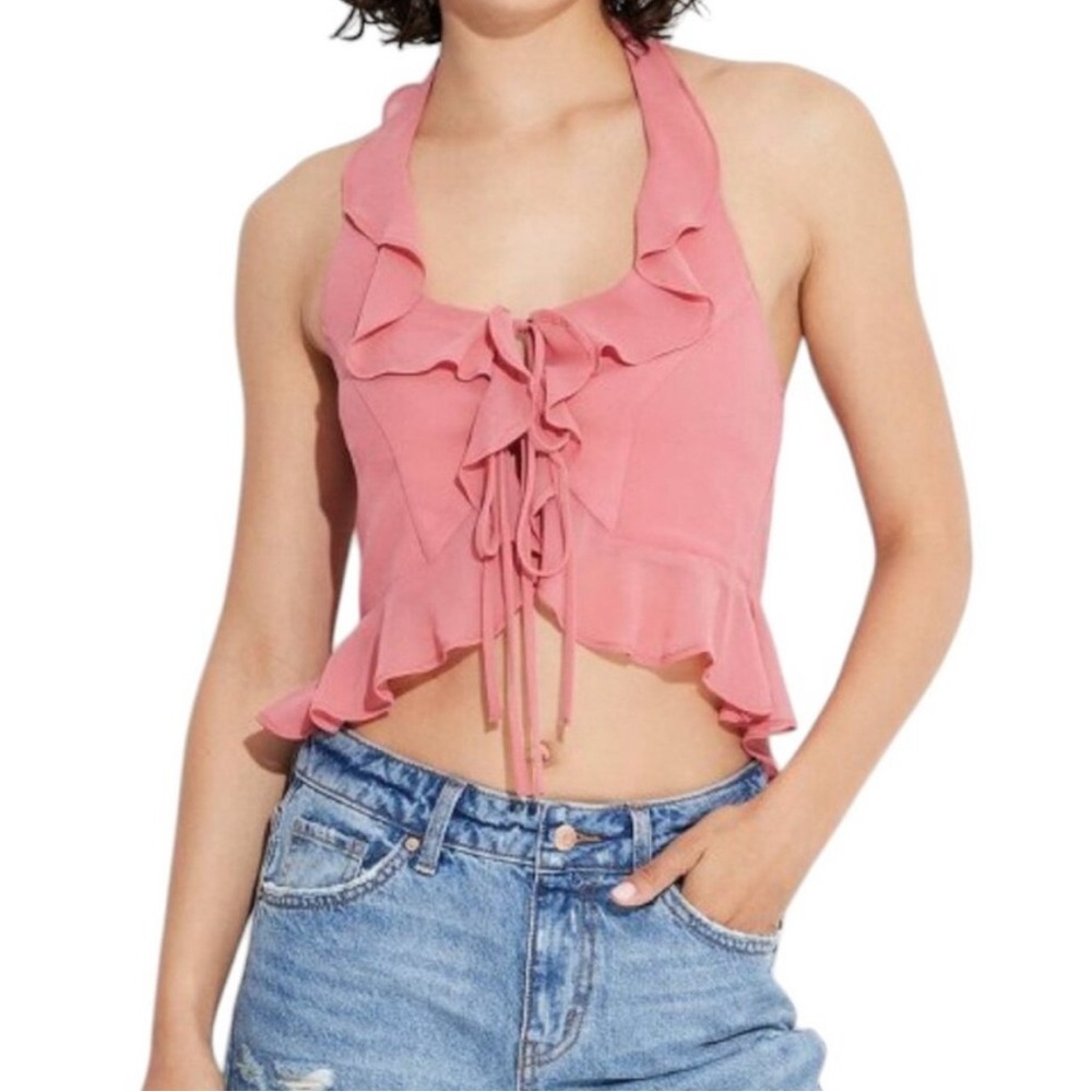Ruffled chiffon Halter FlyawayTop pink Blush Salmon XXL